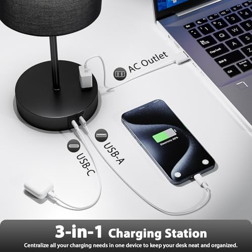 17.6" Black Touch Lamps for Bedroom Set of 2 - Dimmable, USB C+A, AC Outlet