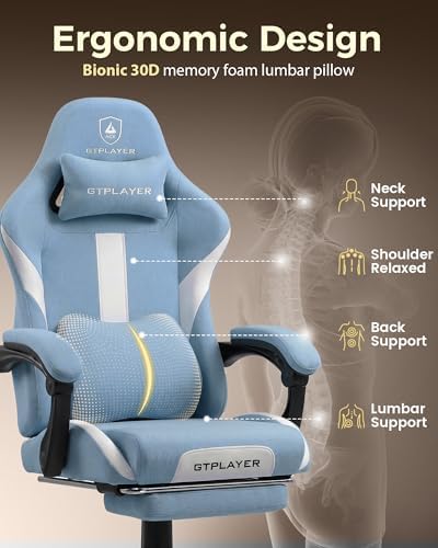 LUCKRACER Big and Tall Gaming Chair, 350Lbs Heavy Duty Office Chairs High Back Computer Chairs with Foot Rest Wide Cushion Lumbar Support Desk Chair Comfy for Adults Breathable Fabric, Blue