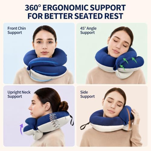 BUYUE Travel Neck Pillows for Airplanes, Memory Foam 360° Head Support Sleep for Long Flight, Skin-Friendly & Breathable, Kit with Eye Mask, Earplugs and Storage Bag (Adult, Navy, 90+ lbs)