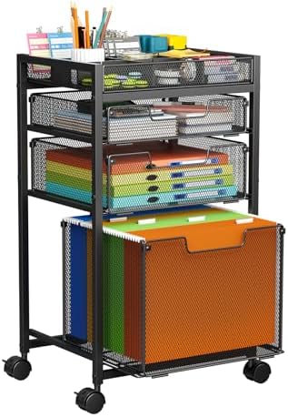 Rolling File Cart with 3 Storage Drawers, Under Desk Filing Cabinet with DIY Divider, Hanging File Folder Organizer on Wheels, Fits A4/Letter Size, Metal Utility Cart for Home Office, Black