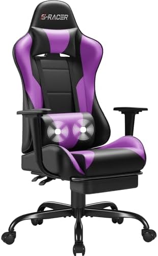 Homall Gaming Chairs, Computer Chair with Footrest and Massage Lumbar Support, Height Adjustable Game Chair with Headrest and Swivel Seat (Purple)