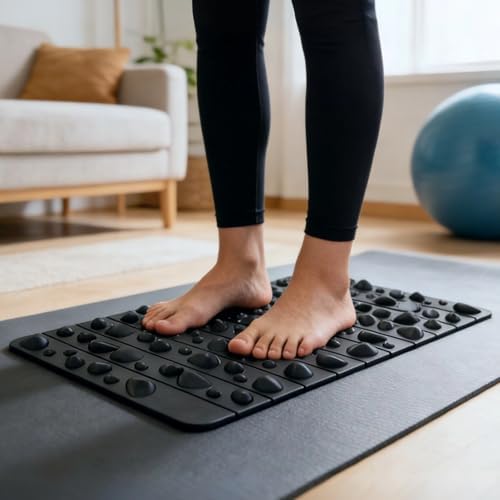Portable Feet Acupressure Mat, Foot Massage Pad for Yoga and Standing Desk, Anti Fatigue Office Stand Up Pad, EVA Material, 19.7 x 11.8 in / 50 x 30 cm, Black Stone Texture