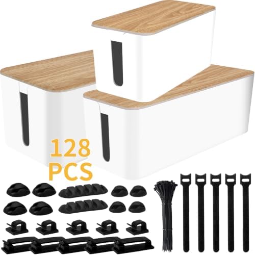 128PCS Cable Management Box 3Pack Cable Management Kit for Power Strip to Hide Wires,Cord Hider Boxes,Cord Box Safe ABS Material Wire Organizer of Cable Clips Sleeve for Home & Office, White