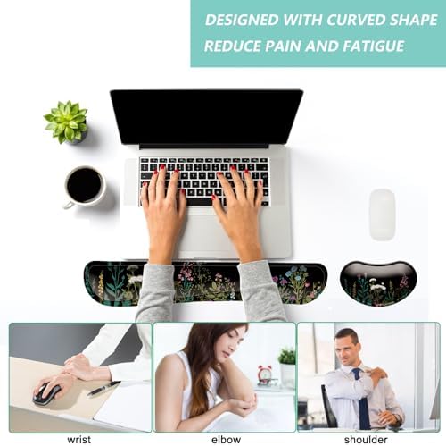 Keyboard Wrist Rest Mouse Wrist Support Set, Memory Foam Wrist Rest Pad for Computer Laptop Keyboard Mouse, Ergonomic Wrist Cushion Support for Typing Pain Relief, Gaming Home Office, Flowers Grass