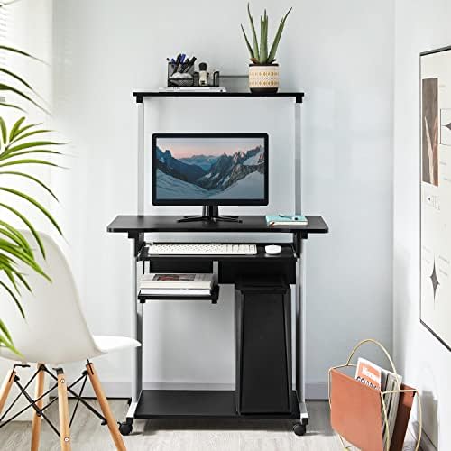 Yaheetech Small Rolling Computer Desk with Hutch and Storage Shelves, Black