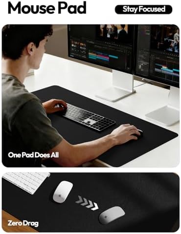 YSAGi Leather Office Desk Pad Protector, Large Mouse Pad, Non-Slip, PU Leather, Laptop Desk Blotter, Waterproof Writing Pad for Office and Home, Black, 23.6" x 13.8"