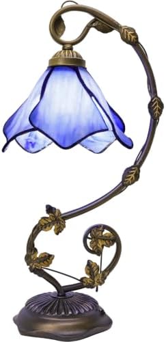Stained Glass Table Lamp, Blue Flower Style Metal Leaf Base Desk Reading Light, Adjustable 3 Color Temperature Decor for Bedroom Home Office