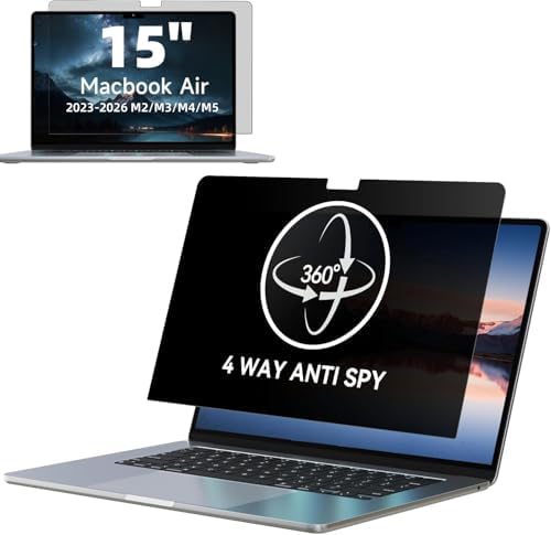 IPROKKO 360° Privacy Screen (Matte) for MacBook Air 15 inch (2026 2025 2024 2023,M5,M4,M3,M2), 4-Way Anti Glare Spy Blue Light Filter 15.3" Mac Laptop Screen Protector Shield [Bubble Free Easy Install]