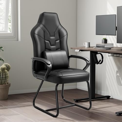 Leather Office Guest Chair No Wheels High Back Computer Reception Chairs with Padded Arms Waist Pillow for Meeting Gaming Conference Waiting Room, Black