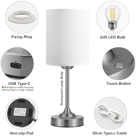Touch Control Cordlss Table Lamp, USB-C Rechargeable Lamp with Stepless Dimming, 4000mAh Battery Operated Bedside Lamp for Bedroom, Living Room, Night Light & Emergency Lighting, Silver, 1 Pack