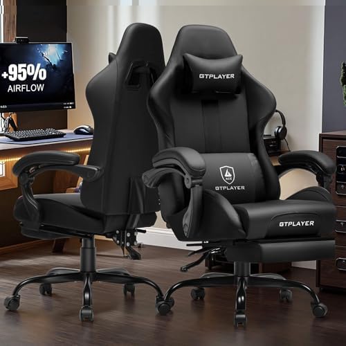 GTPLAYER Gaming Chair with Pocket Spring Cushion, Leather Office Chair with Ergonomic High Back & Lumbar Support for Back Pain Relief, Computer Game Chair for Adults, Black