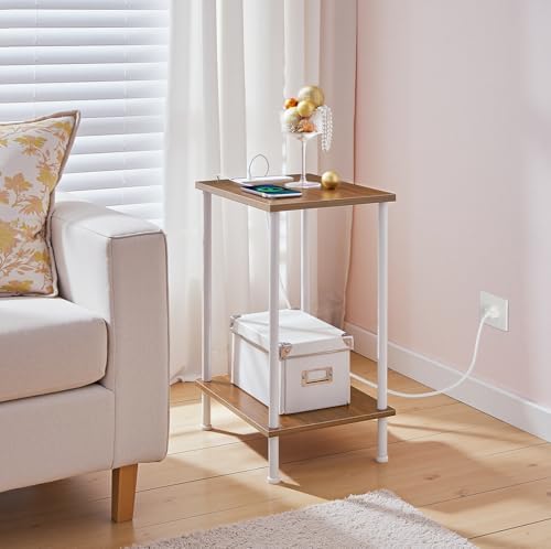 HOOBRO Side Table with Charging Station, End Table with USB Port and Outlets, Nightstand with 2-Layer Storage Shelves for Small Spaces, Living Room, Bedroom, Walnut and White WH09UBZ01