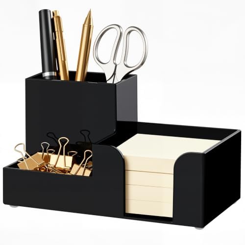 HBlife Acrylic Pen Holder for Desk, 3-Compartment Small Desk Organizer, Black Office Supplies Desk Accessories with Sticky Notes Holder Stores Post It Notes 3X3 for Office, Home and School