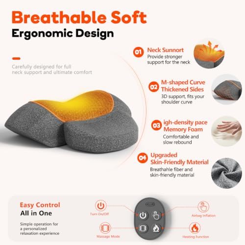 Cordless Heated Neck Massager Pillow for Pain Relief Deep Tissue, 3-in-1 Neck Shoulder Relaxer with Heat, Massage, Electric Stretch, Ergonomic Neck Cervical Traction Device for Gift