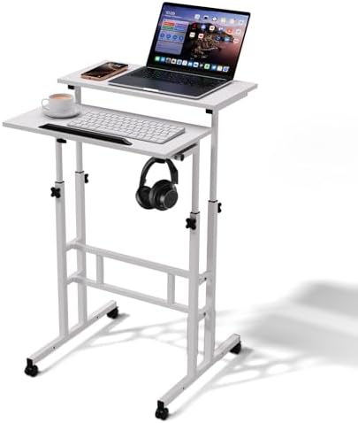 Magshion Rolling Standing Desk with Wheels, Height Adjustable Laptop Desk for Walking Pad, Mobile Workstation with Tilt Top, 28" to 46" Height Range for Home Office & Small Spaces, White