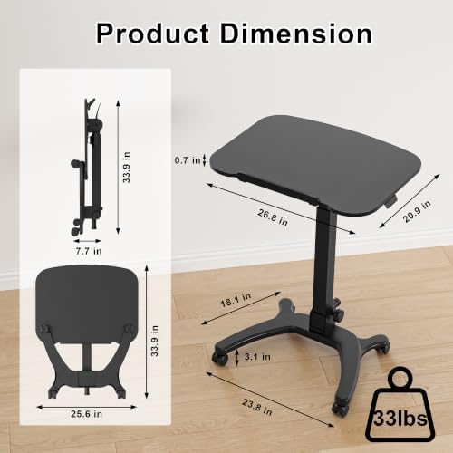 BONTEC Mobile Foldable Standing Desk, Gas Spring, 25.6 x 19.7 Inch, Black