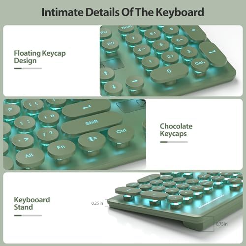 surmen Cute Quiet Keyboard Green Wired Typewriter Keyboard, Light Up Backlit PC Keyboards with Retro Round Keys Full Size 104 Keys for Office Computer (Dark Green)