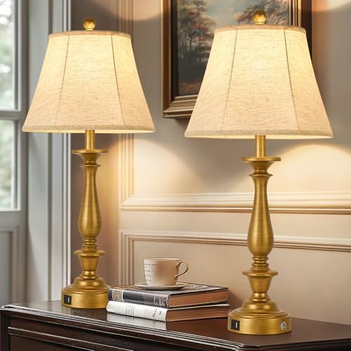 AIDENOEY 28.5" Traditional Table Lamp Set of 2, Rustic Farmhouse Table Lamps for Living Room Bedroom, Bedside Desk Lamps Vintage Nightstand Lamps with Silk Fabric Shades，Antique Gold Table Lamp
