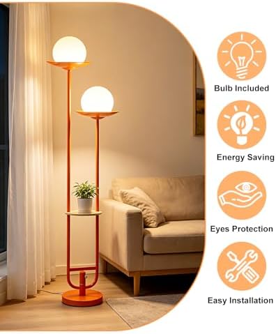 63IN Globe Floor Lamp with Shelf 2-Lights Modern Dimmable Floor Lamps with 3000K Soft Warm White Bulbs for Wedding/Party, Orange Tall Standing Lamp for Living Room/Bedroom/Home Office