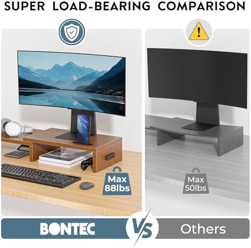 BONTEC Dual Monitor Stand Riser, Adjustable Length & Swivel Angle, Walnut
