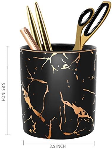 Pencil Cup, Pen Holder for Desk, Pen Pencil Stand Holder for Desk, WAVEYU Office Desk Organizer for Girls Women Kids Ceramic Glitter Marble Makeup Brush Holder, Black (Upgrade Style)