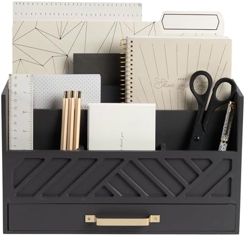BLU MONACO | Wooden Mail Organizer with Drawer Gold Handle | Mail Sorter Organizer Countertop and Outgoing Mail Holder | Tabletop Organizer with Drawers Grey Desk Storage