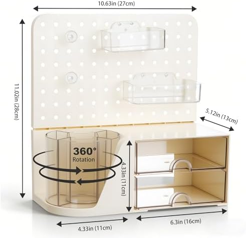 Comix Desk Organizer with 2 Drawer, Beige 360° Rotating Pen Holder for Desk