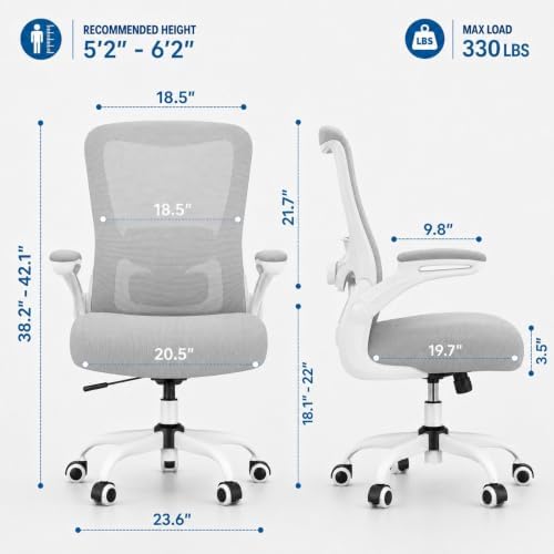 Ergonomic Office Chair for Long Hours, Adjustable Padded Lumbar Support for Lower Back Relief, 330 lb Capacity, Comfortable Computer Desk Chair for Home Office, Work & Study