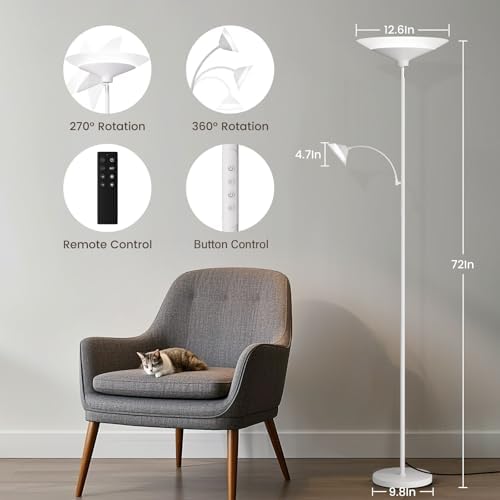 SIBRILLE Upgraded 2-Light Torchiere Floor Lamp - 34W Color Changing Standing Lamp with Remote, Rotatable Floor Reading Light, Modern Standing Light with for Living Room Bedroom Office, White