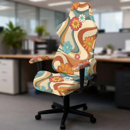 Hippie Daisy Print Gaming Chair Cover Anti Dust 4 Piece Furniture Protector Washable Stretchable Gaming Chair Slipcover with Armrest Covers