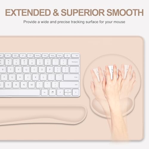 Mouse Pad Desk Pad Protector, Keyboard Wrist Rest + Mouse Pad Wrist Rest +Coaster, Large Gaming Mouse Pad for Computer Keyboard Laptop, XXL Desk Mat Writing Pad for Office and Home, Beige