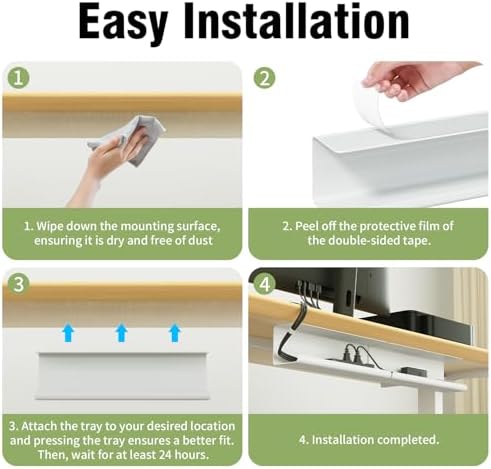2 Pack No-Screw Cable Management Under Desk, Self-Adhesive Cord Organizer, Wire Management Tray for Office and Home (White)