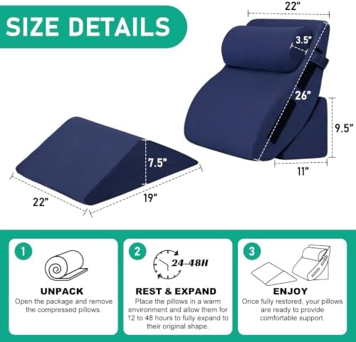 4PCS Wedge Pillow Set for After Surgery, Orthopedic Bed Wedge Pillow for Back Pain Relief, Sitting Up in Bed, Acid Reflux, Adjustable Post Surgery Pillows for GERD, Snoring, Navy