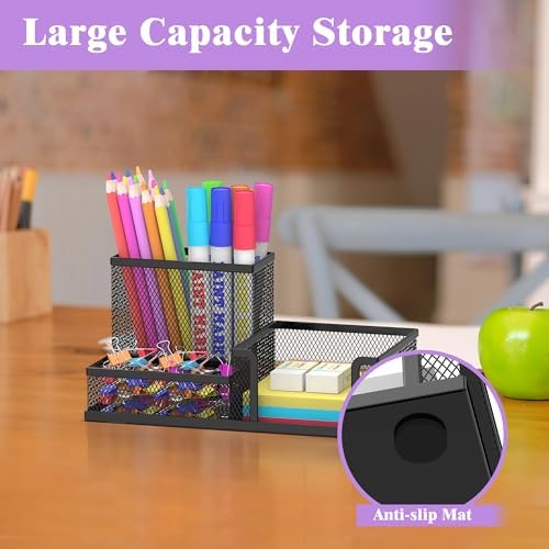 SUPEASY Pen Holder Desk Organizer, Office Supplies Pencil Holder with 3 Compartments, Desk Accessories and Workspace Organizers for Home School Classroom, Black