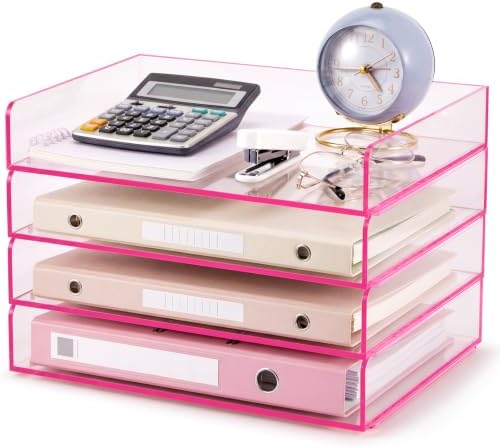 Harloon 4 Tier Clear Hot Pink Acrylic Paper Organizer Letter Tray, Aesthetic Stackable Low Profile Desk File Organizer Modern Heavy Duty Paper Holder Tray for A4, Office Home File Pad Books Notes