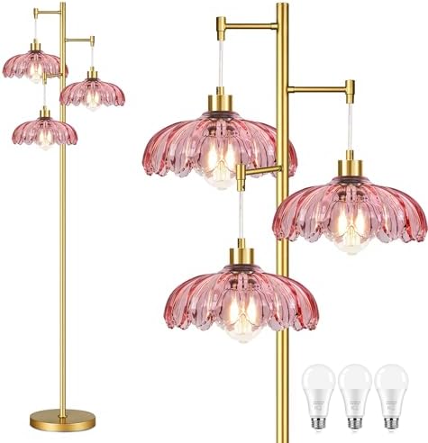 Vintage Floor Lamps for Living Room Bedroom-3 Light Glass Floor Lamp with Three Led Bulb, Tall Flower Floor Lamp Gold Mid Century Modern Standing Lamp Tree Floor Lamps for Living Room Bedroom Corner