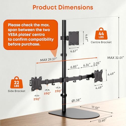 PUTORSEN Freestanding Triple Monitor Mount - Holds 49" Ultrawide Center & 32" Side Screens, 44 lbs Capacity, Extra Tall Pole, VESA 75/100