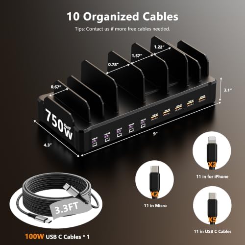 750W Charging Station for Multiple Devices, Zobirez 10-Port Fast Charger