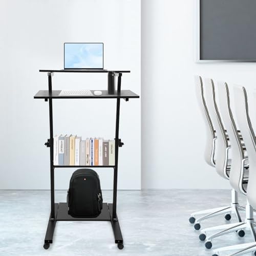 Mobile Standing Desk with Wheels, 27" 4-Tier Height Adjustable Laptop Cart 3.05-4.59ft, 88lbs Capacity Rolling Computer Station for Office Home – Black