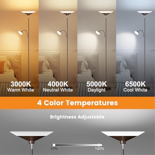 SIBRILLE Brown Torchiere LED Floor Lamp - 72" Rotating Standing Lamp with Remote, 34W Dimmable Floor Light with Color Changing, Tall Bright Corner Lamp for Reading Living Room Bedroom Office