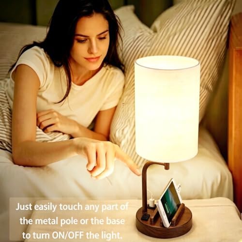 Dreamholder Touch Control USB Table Lamp with USB C/A & AC Outlet, 3-Way Dimmable Bedside Lamp, Modern Nightstand Lamps for Bedroom Living Room Guest Room Office, Bulb Included, Walnut