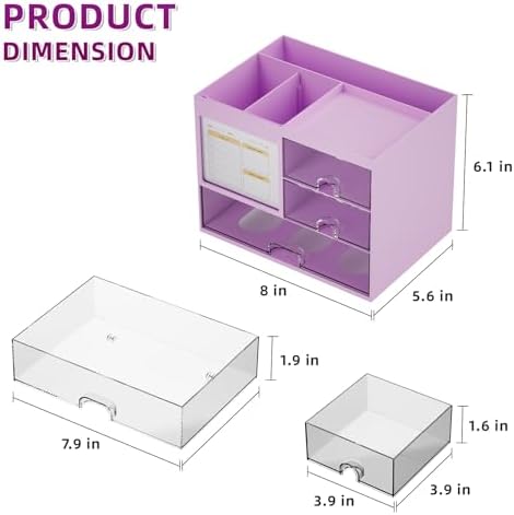Marbrasse Desk Organizer with 3 Drawer, Multi-Functional Pencil Pen Holder, Desk Organizers and Accessories with 4 Compartments,Desktop Organizer Storage for Office Home Art Supplies (Purple)
