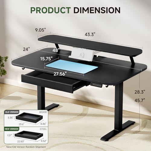 GTPLAYER Electric Standing Desk with Drawers, 48 x 24 Inches Height Adjustable Computer Desk with Monitor Stand, Laptop Stand, Sit Stand up Desk with Memory Preset for Home, Office, Black