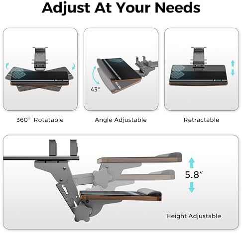 EUREKA ERGONOMIC Keyboard Tray Height Adjustable, Swivel Tilt Computer Keyboard Drawer Under Desk, 25x9.13'' Sliding Keyboard & Mouse Platform with Mouse Pad for Typing, Walnut