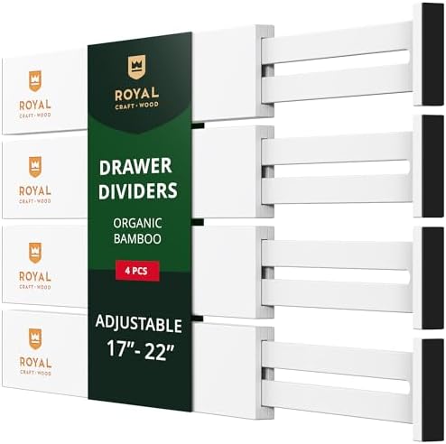 Bamboo Drawer Dividers Organizers, Adjustable Drawer Separator Splitters, 17–22 Inches Expandable Drawer Divider Organizer for Large Utensils, Kitchen, Bedroom, Dresser & Office Drawers 4-Pack, White