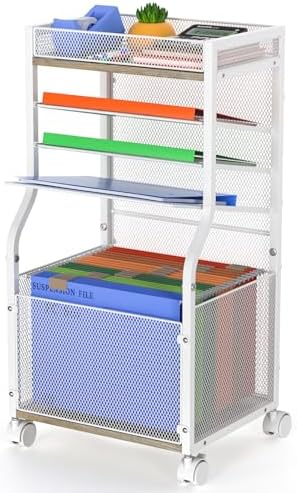 3IngSeagulls Rolling File Cart, 5-Tier Mobile Filing Cabinet on Lockable Wheels, Under Desk Storage, Office Hanging Folder Storage Organization Mobile Cabinet for Office, Home, and School, White