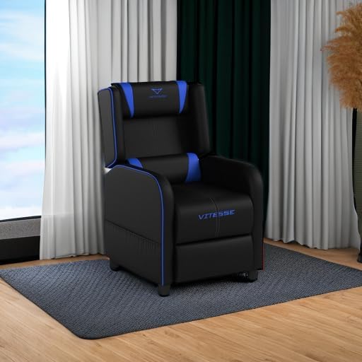 VITESSE VIT Gaming Recliner Chair Racing Style Single PU Leather Sofa Modern Living Room Recliners Ergonomic Comfortable Home Theater Seating, Blue.
