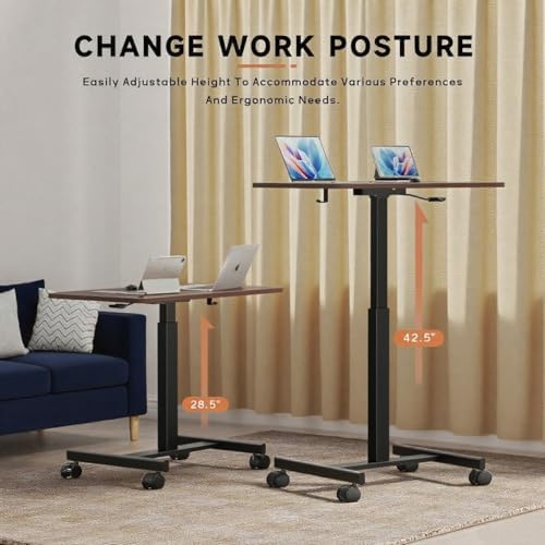 Mobile Small Standing Desk,Gas Spring Adjustable Height Rolling Portable Laptop Desk with Lockable Wheels, Computer Workstation for Home Office, Dark Walnut