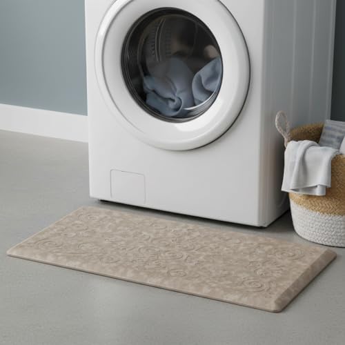 J&V TEXTILES Medallion Embossed Kitchen Mat Cushioned Anti Fatigue Floor Mat, Thick Non Slip Waterproof Kitchen Rugs and Mats, Standing Mat for Kitchen,Floor,Desk,Sink,Laundry, (Beige, 17" X 60")