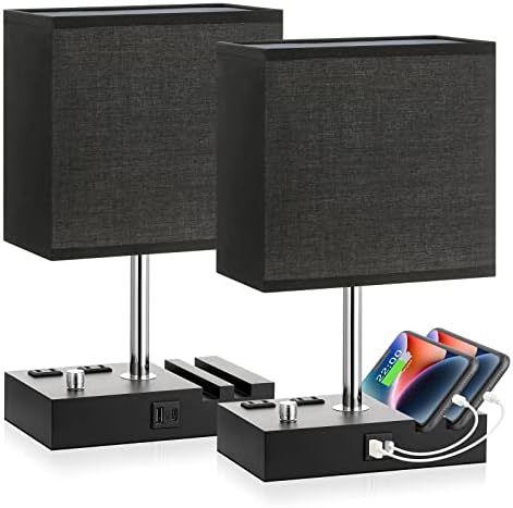 Black Bedside Table Lamps Set of 2 - Dimmable, USB C+A, 2 AC Outlets
